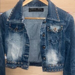 Kelly Bell Studded Blue Denim Jacket Y2K 90s Biker 80s Streetwear Girlhoodcore